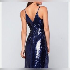 BEBE Blue Sequin Wrap Ruffle Dress - Sz L adjustable straps